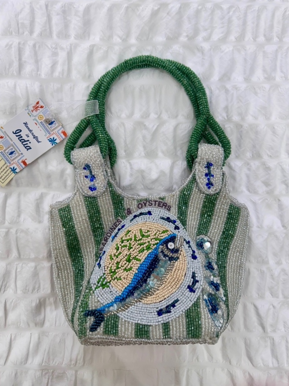🐟 Hand-Beaded Sardines & Oysters Mini Bag – Coastal Chic Statement 🐟
